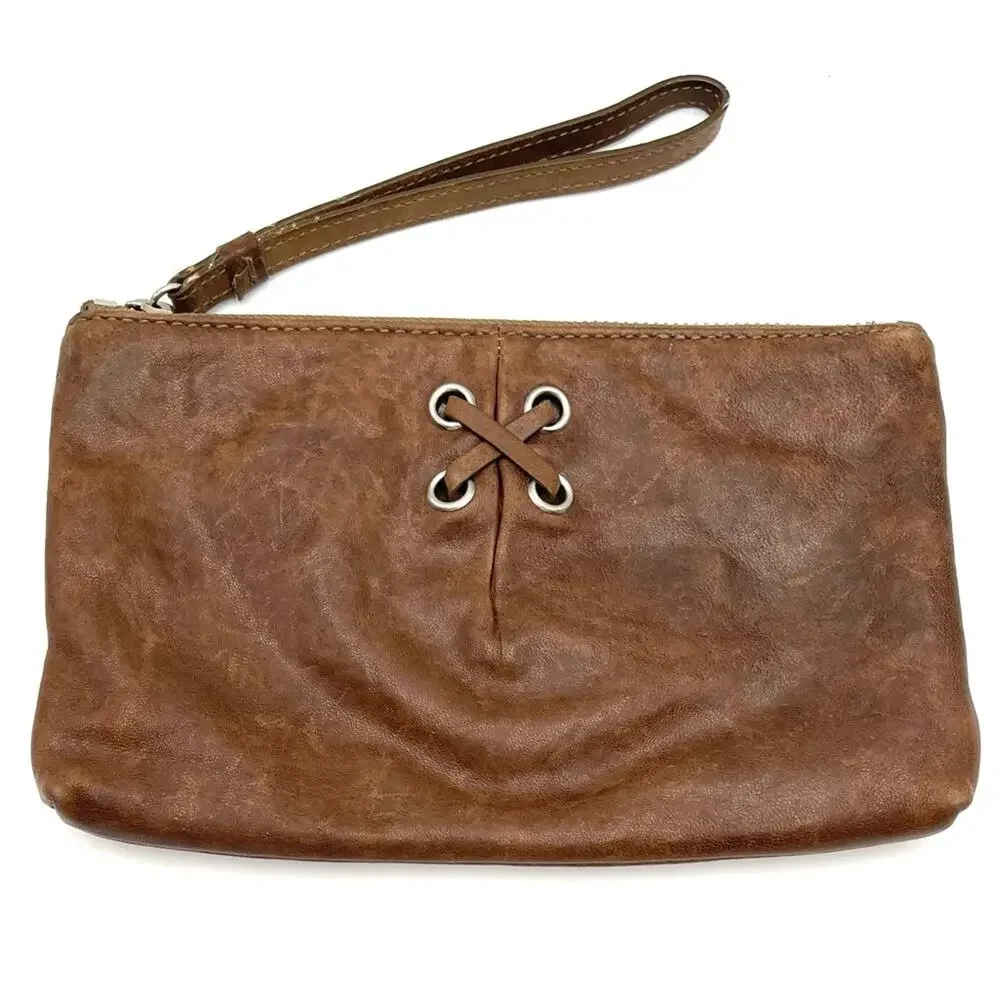 Cole Haan wristlet mini pouch clutch full zipper closure brown leather
